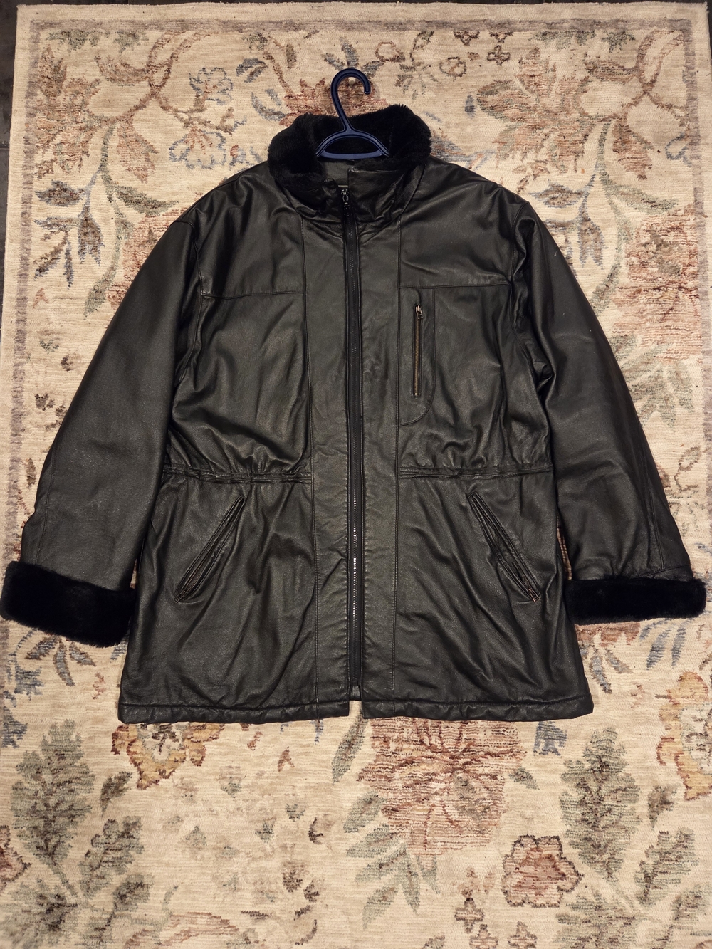 Vintage EMC Black Faux-Leather Womans's Coat with Faux-Fur Trim